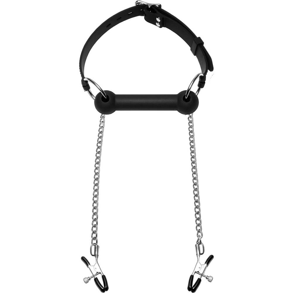 Master Series Equine Silicone Bit Gag with Nipple Clamps, Black