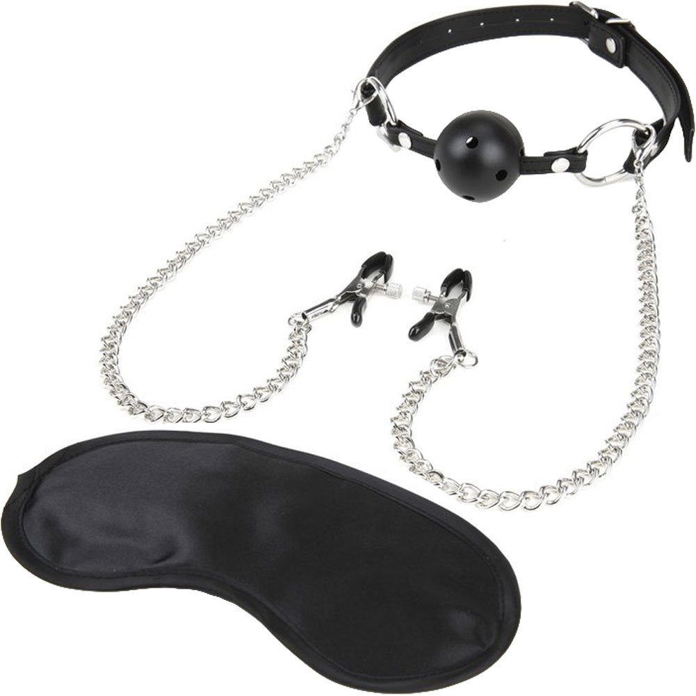 Lux Fetish Breathable Gag with Nipple Clamp, Black