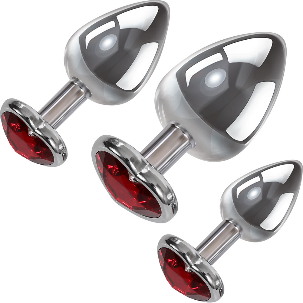 Adam and Eve Metal Anal Plug Set, Silver/Red Heart Gem - dearlady.us