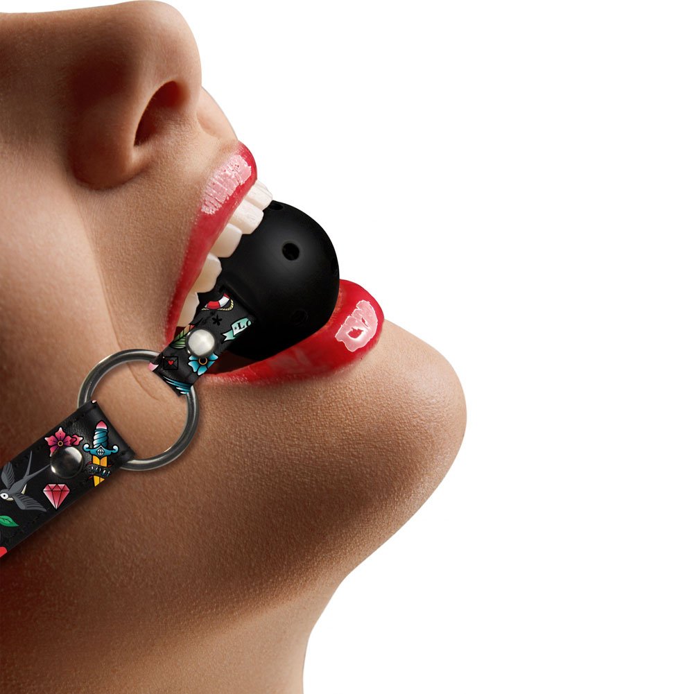 Ouch Old School Tattoo Printed Breathable Ball Gag, Black image