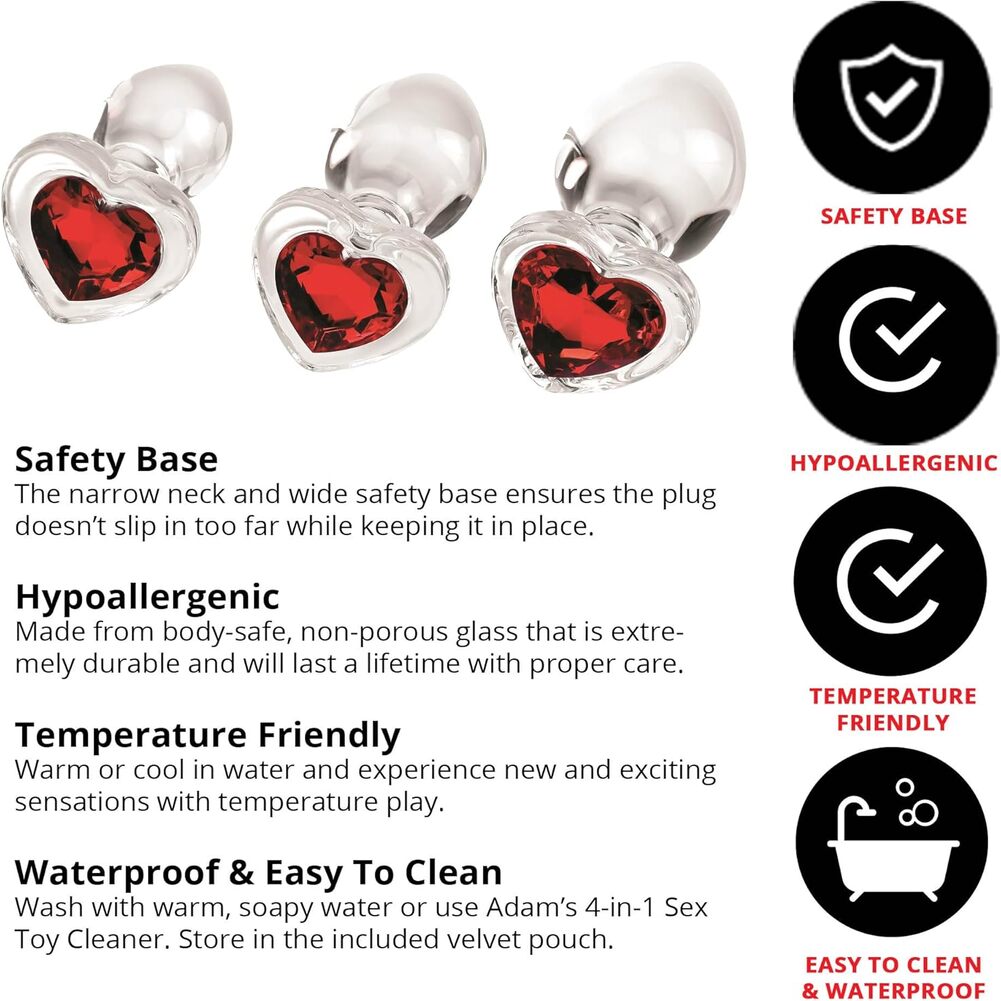 gay anal plug porn Adam and Eve 3-Piece Glass Anal Plug with Gemstone Heart Base Set,  Red/Clear