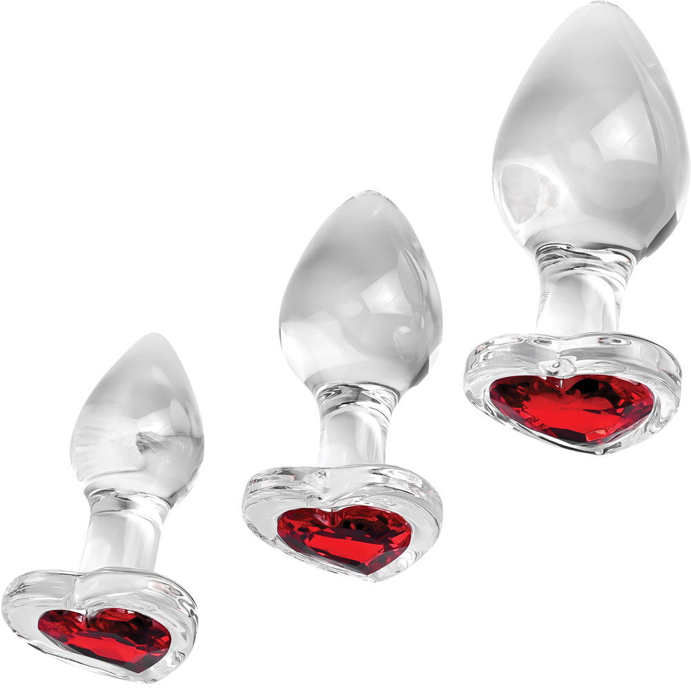 Adam and Eve 3-Piece Glass Anal Plug with Red Gemstone Heart Base Set,  Clear - dearlady.us