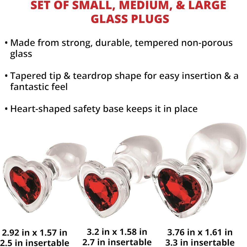 Adam and Eve 3-Piece Glass Anal Plug with Gemstone Heart Base Set,  Red/Clear